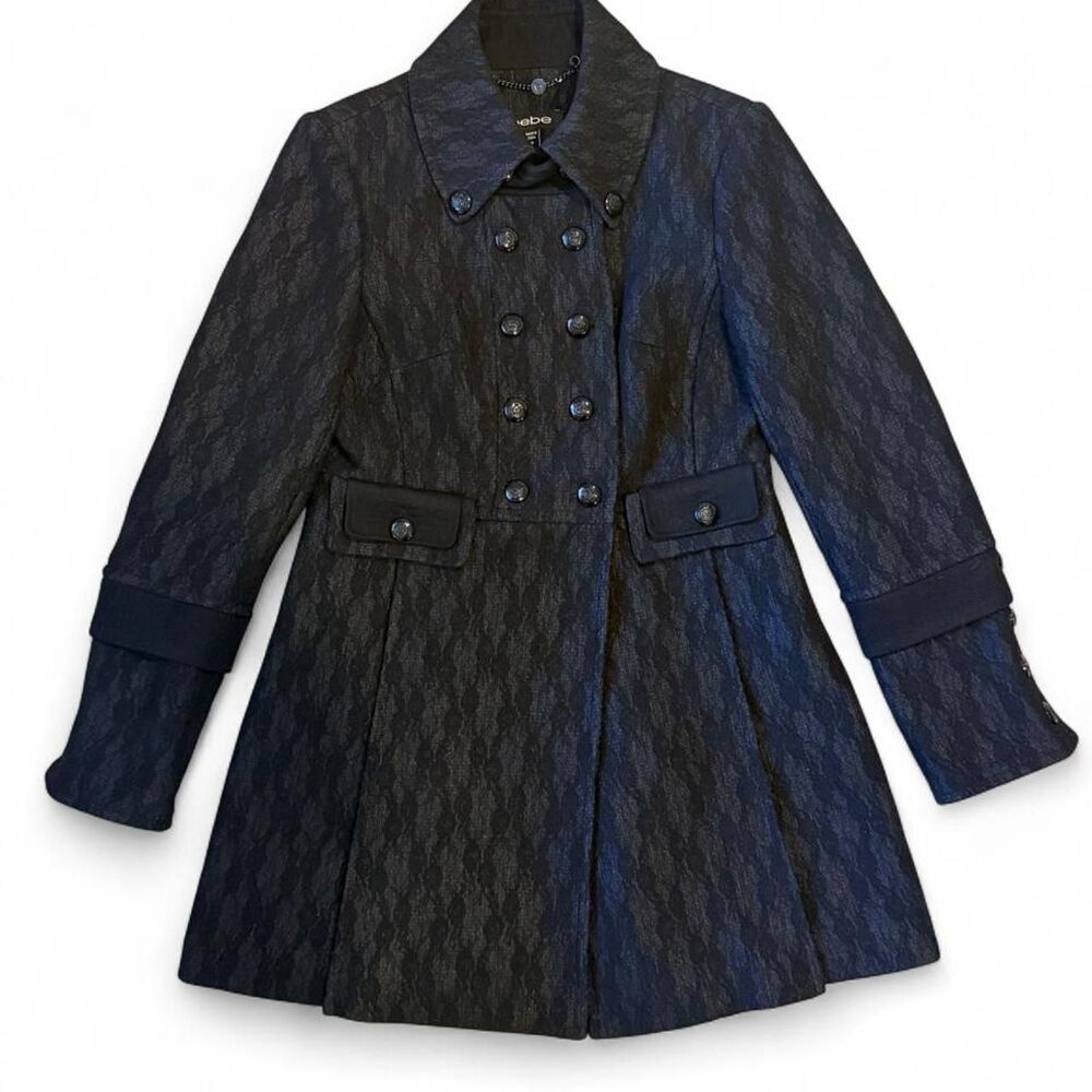 Bebe Black Lace-Texture Jacquard Military Coat Size M